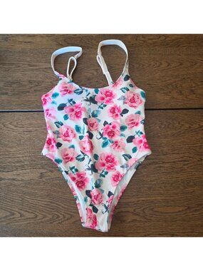 Victoria's Secret Pink Floral One Piece Swimsuit Logo Strap Bathing Suit. Sz XS